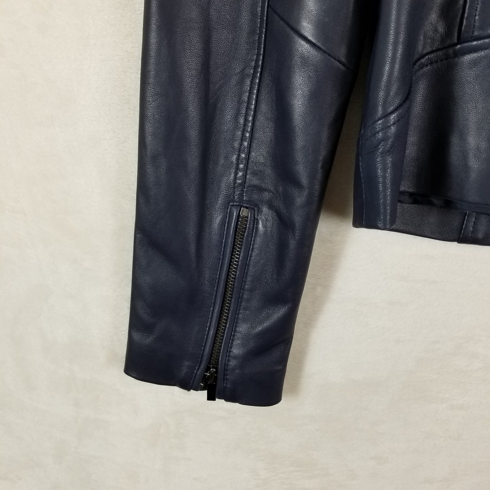 Badgley Mischka Leather‎ Moto Jacket Womens M Navy Blue Asymmetrical Zip Biker - Picture 5 of 11